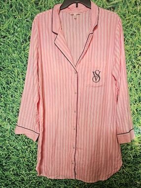 Victoria's Secret Pink Striped Long Button-Front Sleep Shirt with Monogram